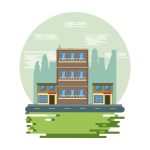 Urban buildings and park with cityscape scenery round icon vector illustration graphic design